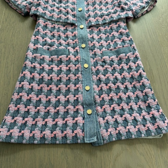 Sandro Amadora Dress Pink Blue Denim Trim Houndstooth Tweed Mini FR 36 US 4 - Picture 10 of 15